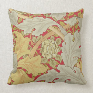 Acanthus leaves and wild rose on a crimson backgro throw pillow