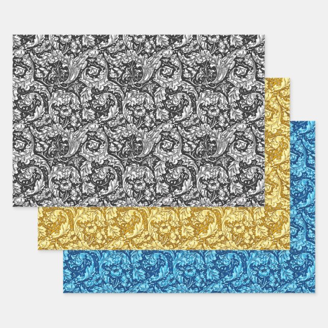 Acanthus Leaves, Black & White, Gold & Blue Wrapping Paper Sheet (Set)