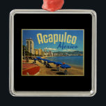 Acapulco Mexico Vintage Travel Metal Ornament<br><div class="desc">This wonderful retro scene of the beach in Acapulco Mexico is just the ticket for a daydream vacation.  Beach umbrellas,  sandy beach and the city behind make this a Mexican postcard perfect image.</div>