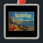 Acapulco Mexico Vintage Travel Metal Ornament<br><div class="desc">This wonderful retro scene of the beach in Acapulco Mexico is just the ticket for a daydream vacation.  Beach umbrellas,  sandy beach and the city behind make this a Mexican postcard perfect image.</div>