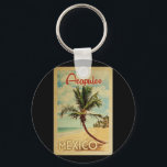 Acapulco Palm Tree Vintage Travel Keychain<br><div class="desc">A uniquely retro mid-century modern Acapulco Mexico art print in vintage travel poster style. It features a curved palm tree on sandy beach with ocean under a blue cloudy sky.</div>