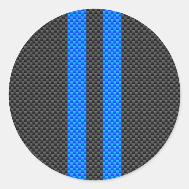 Accent Blue Carbon Fibre Style Racing Stripes Classic Round Sticker (Front)