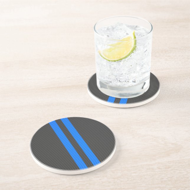 Accent Blue Carbon Fibre Style Racing Stripes Coaster (Side)