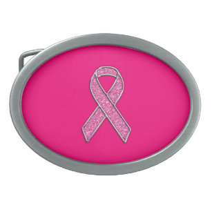Accent Chrome Glitter Style Pink Ribbon Awareness Oval Belt Buckle