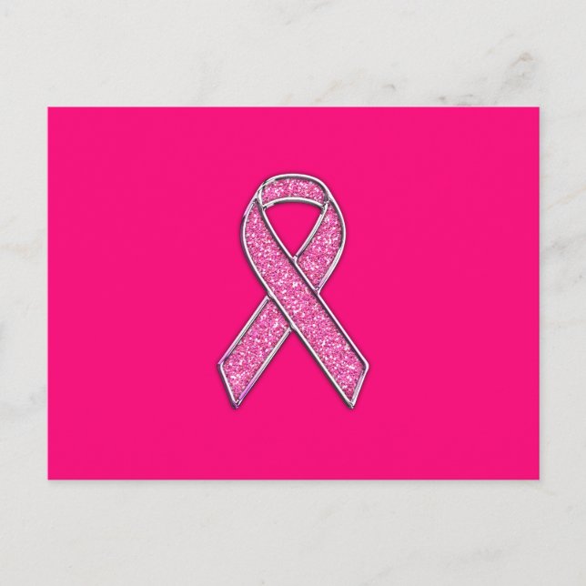 Accent Chrome Glitter Style Pink Ribbon Awareness Postcard (Front)