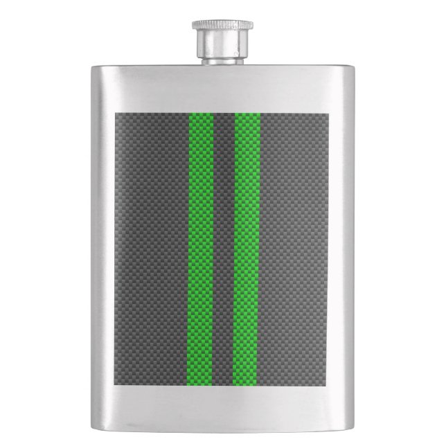Accent Green Carbon Fiber Style Racing Stripes Hip Flask (Front)