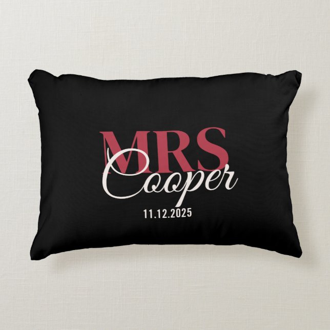 Accent Pillow Elegant Stylish Bride Name Red Ivory (Front)