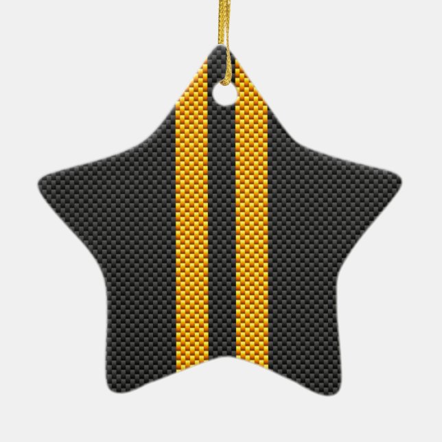 Accent Yellow Racing Stripes Carbon Fibre Style Ceramic Ornament (Back)