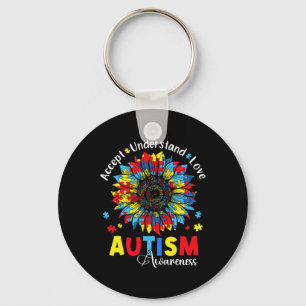 Accepnt Understand Love Autism Awareness Sunflower Keychain