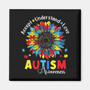 Accepnt Understand Love Autism Awareness Sunflower Magnet