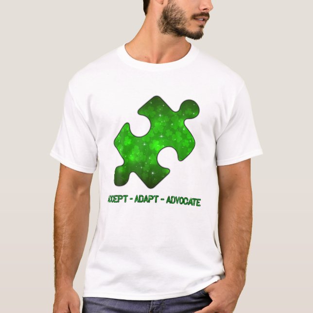Accept Adapt Avocate Puzzle Shamrock Autism St Pat T-Shirt (Front)