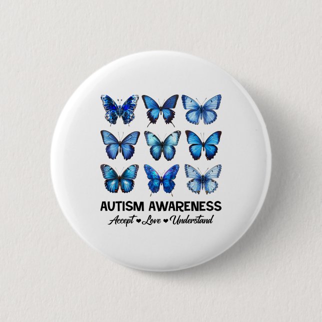 Accept Understand Love Autism Awareness Butterfly  2 Inch Round Button (Front)