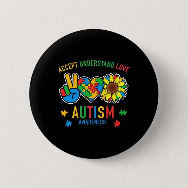 Accept Understand Love Autism Awareness Sunflower  2 Inch Round Button (Front)