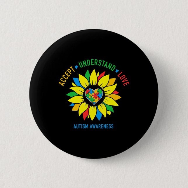 Accept Understand Love Autism Awareness Sunflower  2 Inch Round Button (Front)