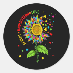 Accept Understand Love Autism Awareness Sunflower  Classic Round Sticker
