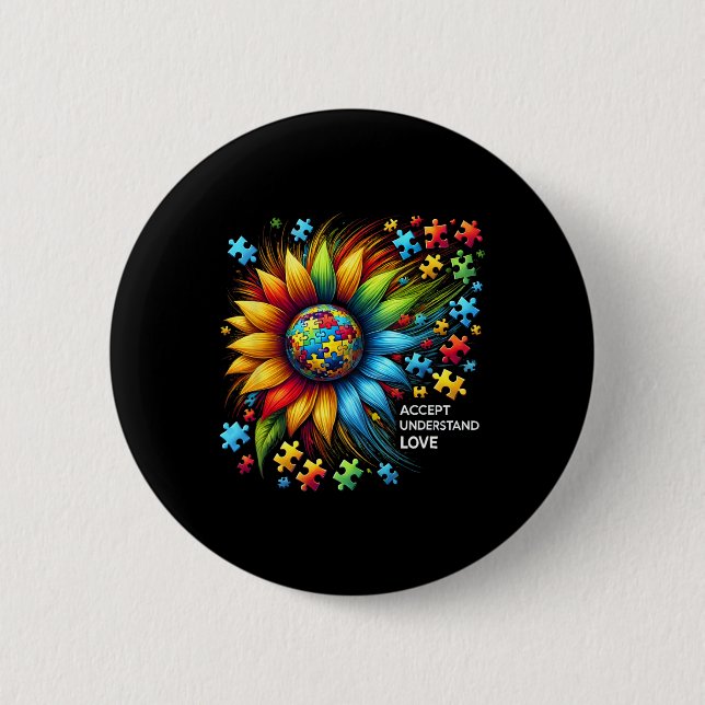 Accept Understand Love Sunflower Autism Awareness  2 Inch Round Button (Front)