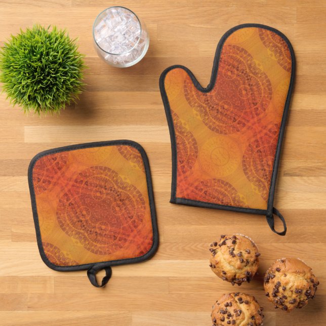 Acceptance | Red Orange Yellow Boho Medallions Oven Mitt & Pot Holder Set (Top Down)