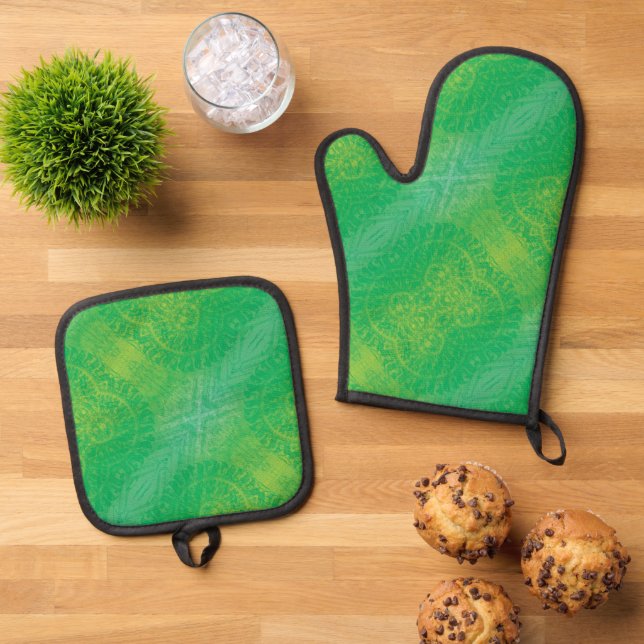 Acceptance | Yellow Green Blue Boho Medallions Oven Mitt & Pot Holder Set (Top Down)