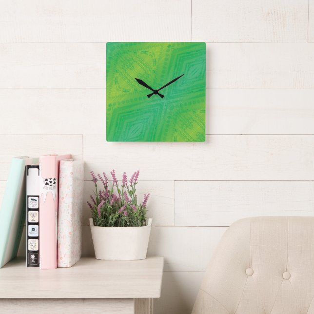 Acceptance | Yellow Green Blue Shibori Pattern Square Wall Clock (Reading Room)