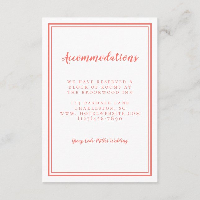 Accommodations Simple Coral Wedding Minimalist Enclosure Card (Front)