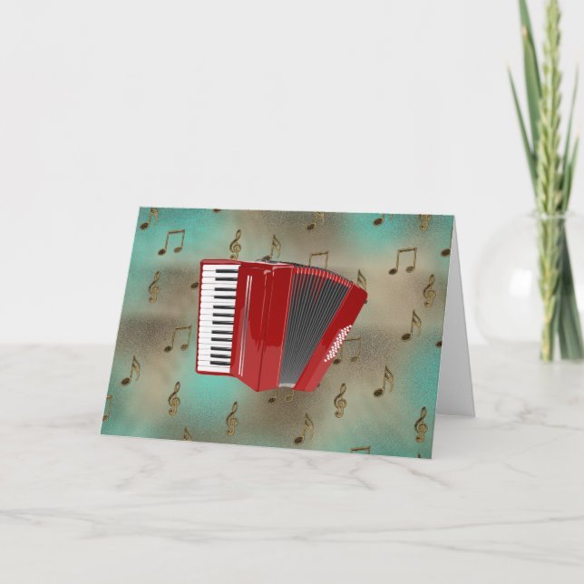 Accordéon rouge sur carte Musical Notes. (Devant)