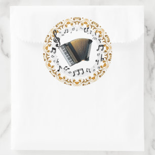 Accordion design in elegant black and gold classic round sticker