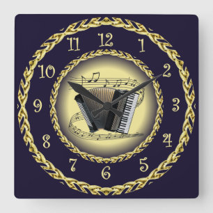 Accordion ~ Musical Scroll ~ Gold/Navy Blue ~  Square Wall Clock