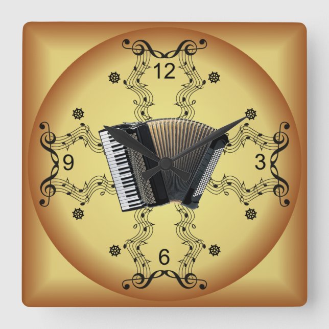 Accordion ~ Musical Scroll ~ Golden Background ~ Square Wall Clock (Front)