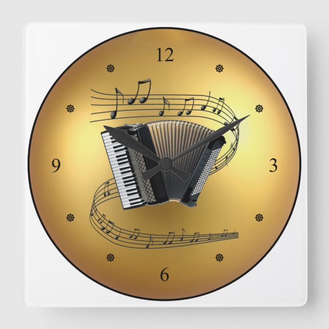 Accordion~Musical Scroll~Golden Globe Background ~ Square Wall Clock (Front)