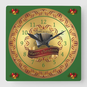Accordion ~ Musical Scroll ~ “Merry Christmas”  Square Wall Clock