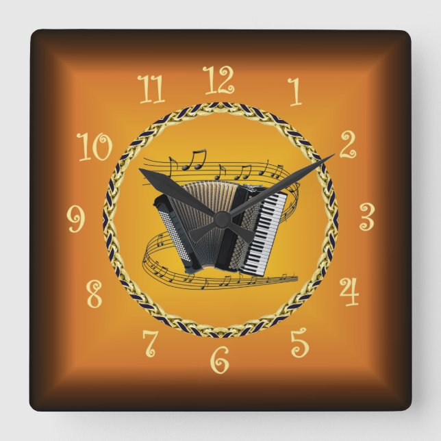 Accordion On Musical Scroll & Russet Orange ~ Square Wall Clock (Front)