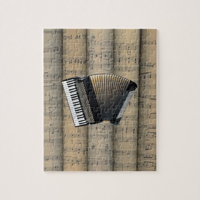 Accordion ~ Rolled Sheet Music Background ~ Music Jigsaw Puzzle (Vertical)