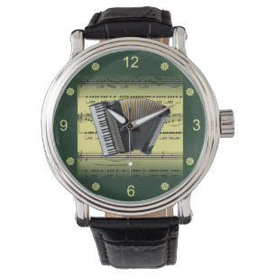 Accordion~Rolled Sheet Music~Gold/Green Background Watch