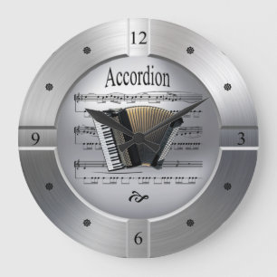 Accordion ~ Sheet Music ~ Brushed Silver Colour ~ Large Clock