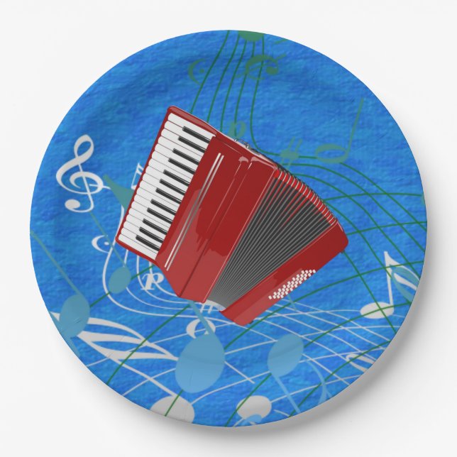Accordion with musical background in blue paper plate (Front)