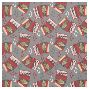 Accordions and Musical Notes Grey and Red Pattern Fabric