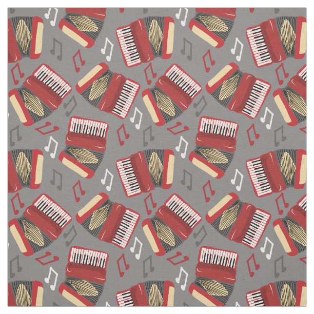 Accordions and Musical Notes Grey and Red Pattern Fabric (Swatch)