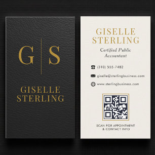Accountant CPA Faux Leather Black Gold QR Code Business Card