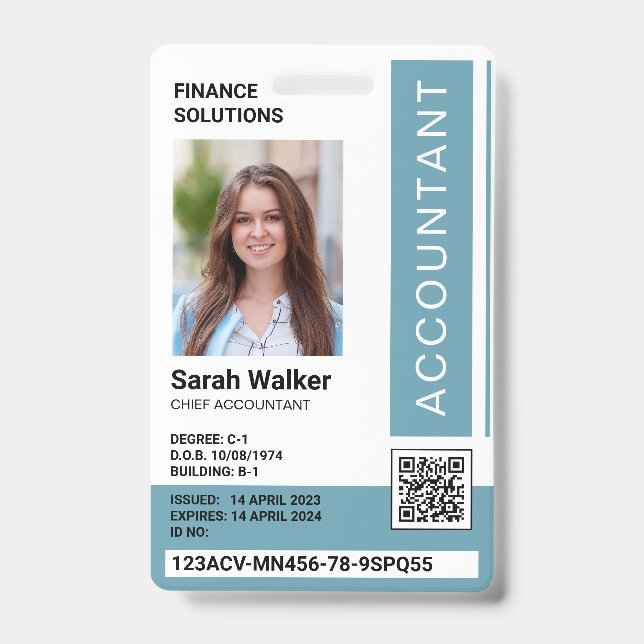 Accountant ID with photo office worker blue Badge (Front)