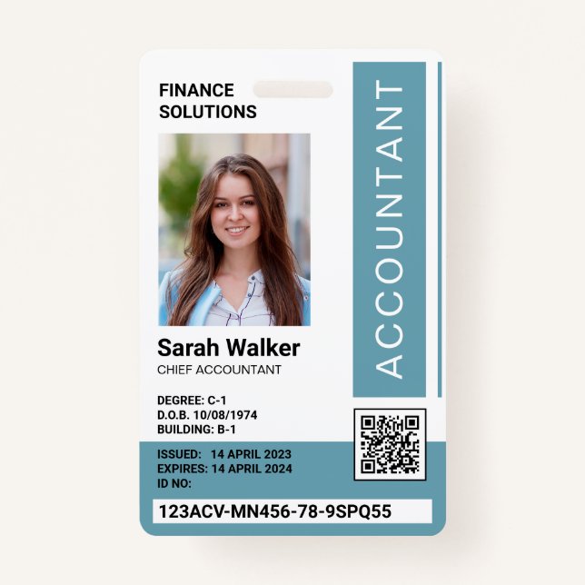 Accountant ID with photo office worker blue Badge (Front)