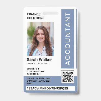 Accountant ID with photo office worker dusty blue Badge