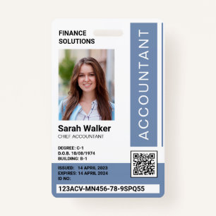 Accountant ID with photo office worker dusty blue Badge