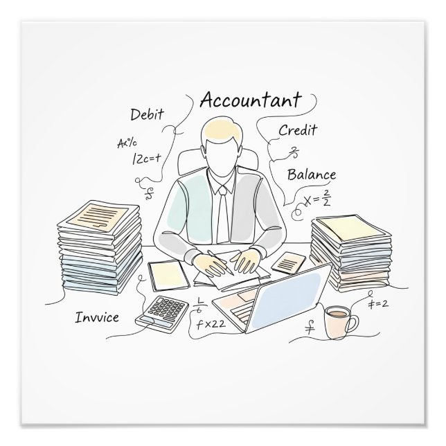 accountant, one line art, text and little colour photo print (Front)