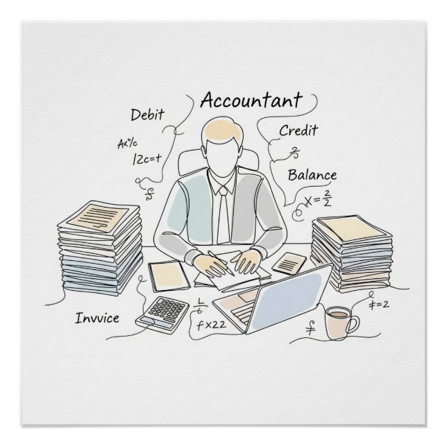 accountant, one line art, text and little colour poster (Front)