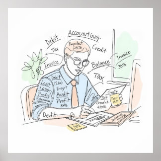 accountant, one line art, text and little colour poster
