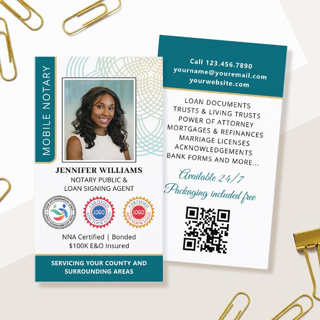 Accreditation Notary Public Photo QR Code Teal Business Card (Creator Uploaded)