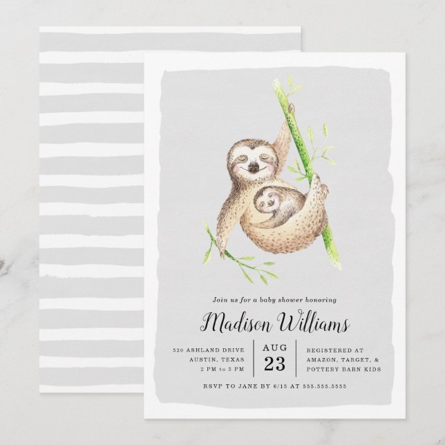 Accroché | Sloth Baby Shower Invitations (Devant / Derrière)