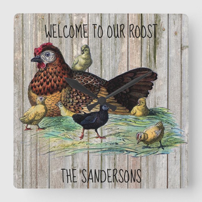 Accueil à notre horloge rustique de poulet de (Recto)
