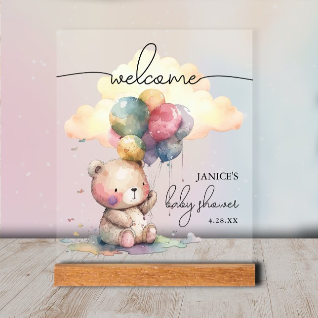 Accueil Baby shower Ours Teddy (Teddy Bear Baby Shower Welcome Tabletop Acrylic Sign)