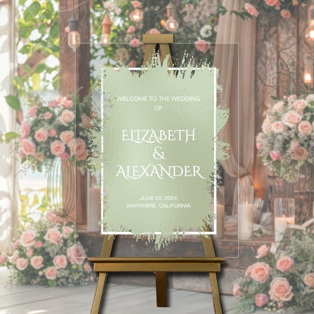 Accueil du Mariage de démarrage Chic Sage Green (Chic sage green splash wedding welcome acrylic sign)